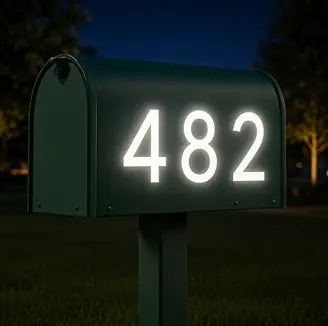 Example concept image: reflective mailbox numbers, rendered in the site style