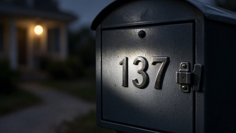 Reflective mailbox numbers catching light at dusk